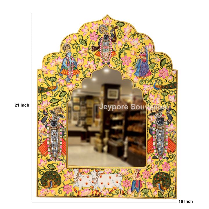 Shrinathji Pichwai Wooden Jharokha Wall Mirror with Lotus, Peacock &amp; Cow Artwork