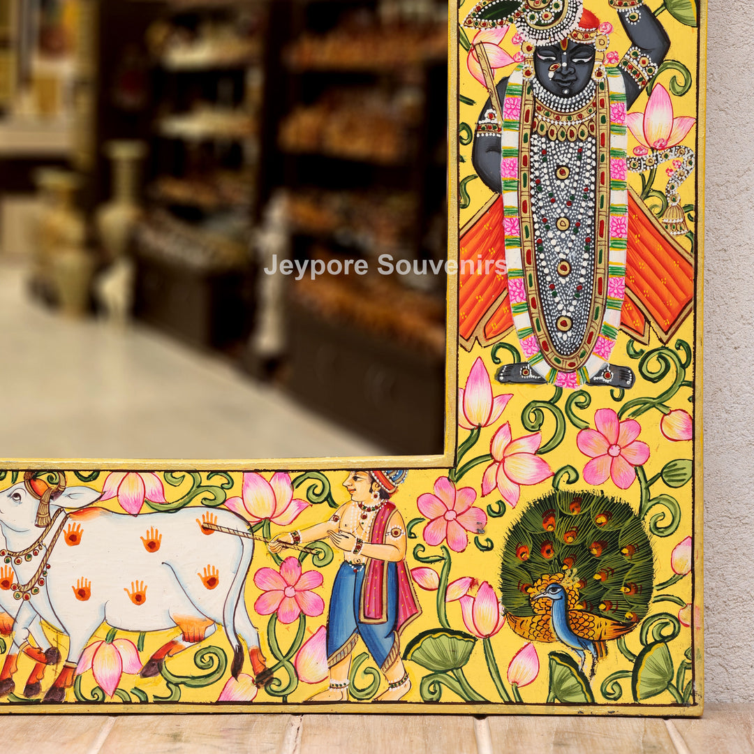 Shrinathji Pichwai Wooden Jharokha Wall Mirror with Lotus, Peacock &amp; Cow Artwork