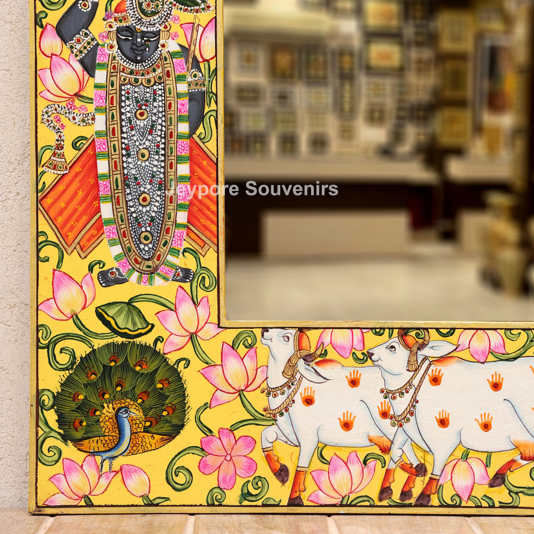Shrinathji Pichwai Wooden Jharokha Wall Mirror with Lotus, Peacock &amp; Cow Artwork