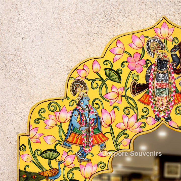 Shrinathji Pichwai Wooden Jharokha Wall Mirror with Lotus, Peacock &amp; Cow Artwork
