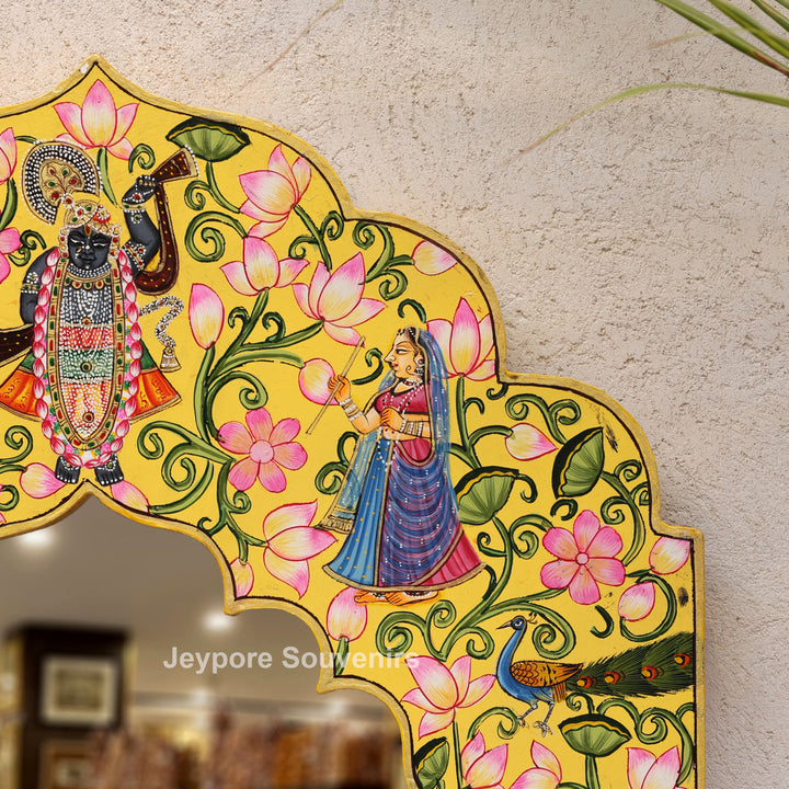 Shrinathji Pichwai Wooden Jharokha Wall Mirror with Lotus, Peacock &amp; Cow Artwork