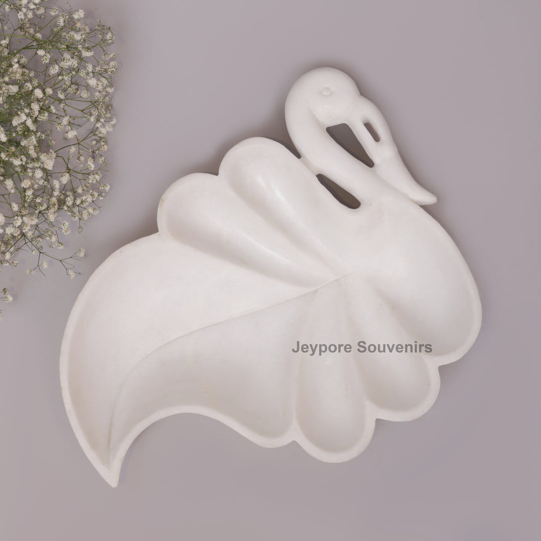 Handcrafted White Marble Swan-Shaped Urli Bowl with Carved Design
