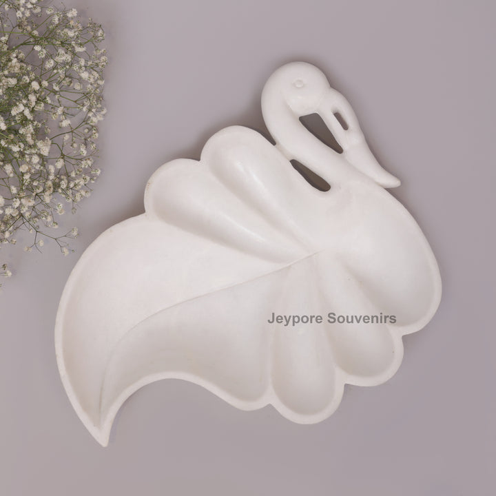 Handcrafted White Marble Swan-Shaped Urli Bowl with Carved Design