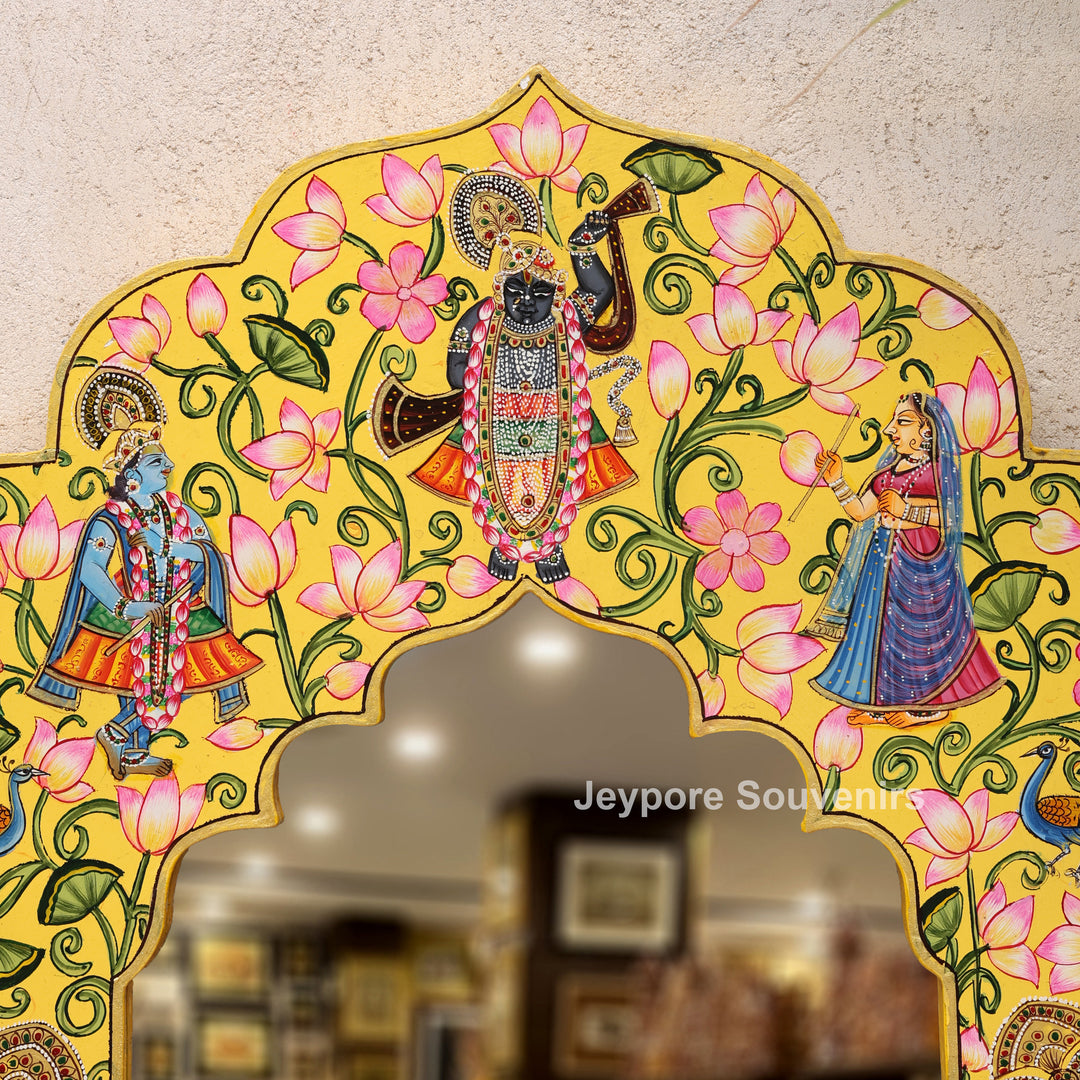 Shrinathji Pichwai Wooden Jharokha Wall Mirror with Lotus, Peacock &amp; Cow Artwork