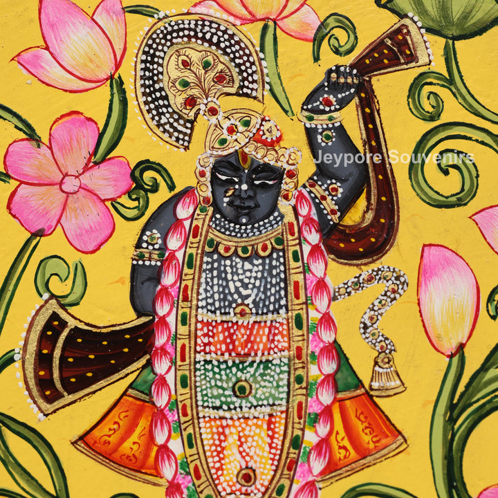 Shrinathji Pichwai Wooden Jharokha Wall Mirror with Lotus, Peacock &amp; Cow Artwork