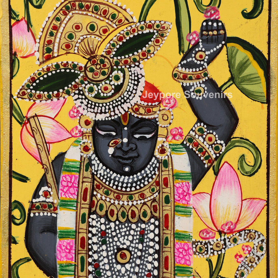 Shrinathji Pichwai Wooden Jharokha Wall Mirror with Lotus, Peacock &amp; Cow Artwork
