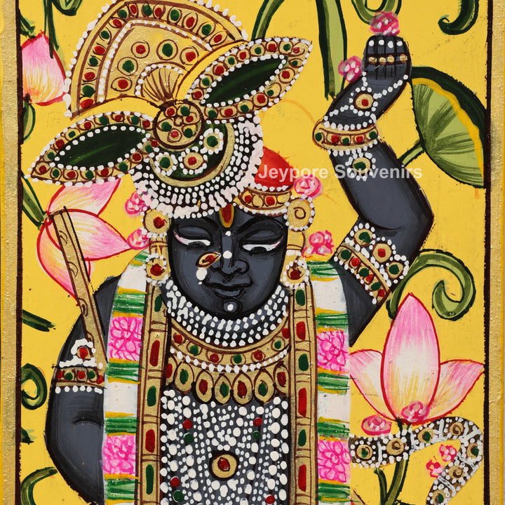 Shrinathji Pichwai Wooden Jharokha Wall Mirror with Lotus, Peacock &amp; Cow Artwork