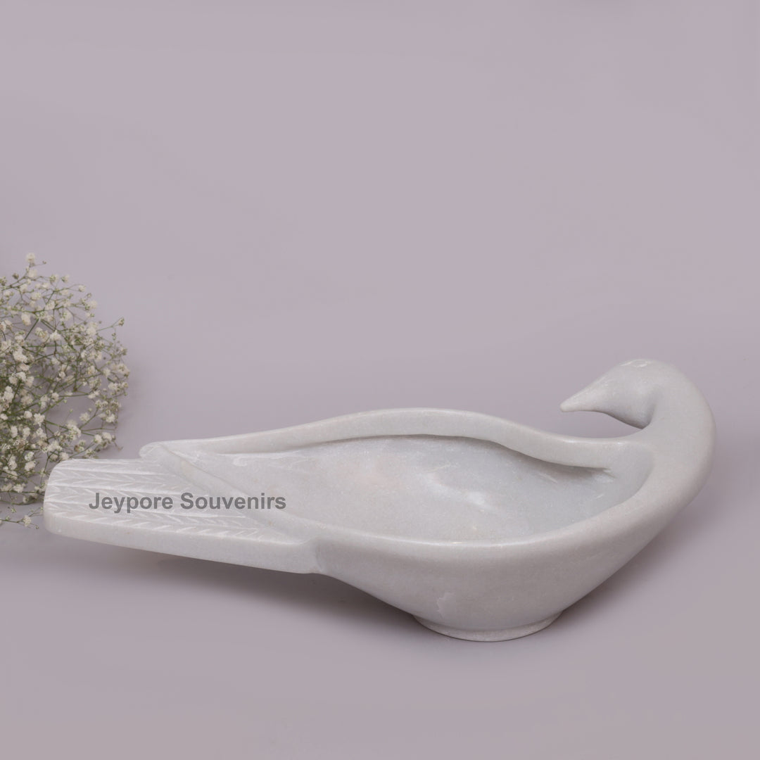 Handcrafted White Marble Peacock Decorative Bowl with Textured Tail