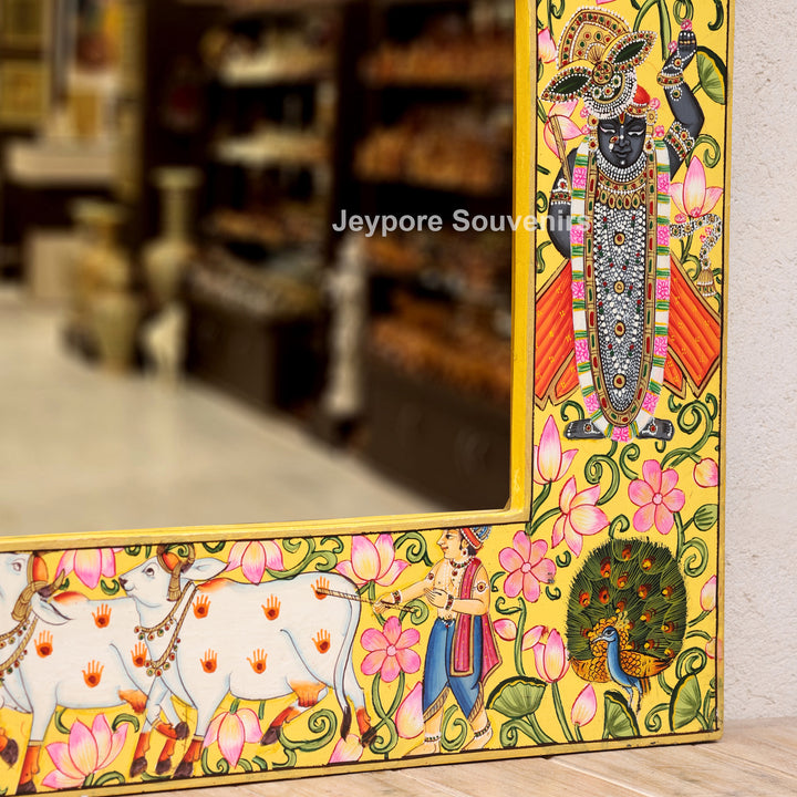 Shrinathji Pichwai Wooden Jharokha Wall Mirror with Lotus, Peacock &amp; Cow Artwork