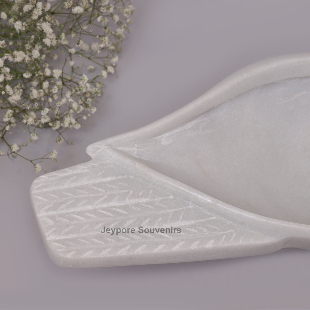 Handcrafted White Marble Peacock Decorative Bowl with Textured Tail