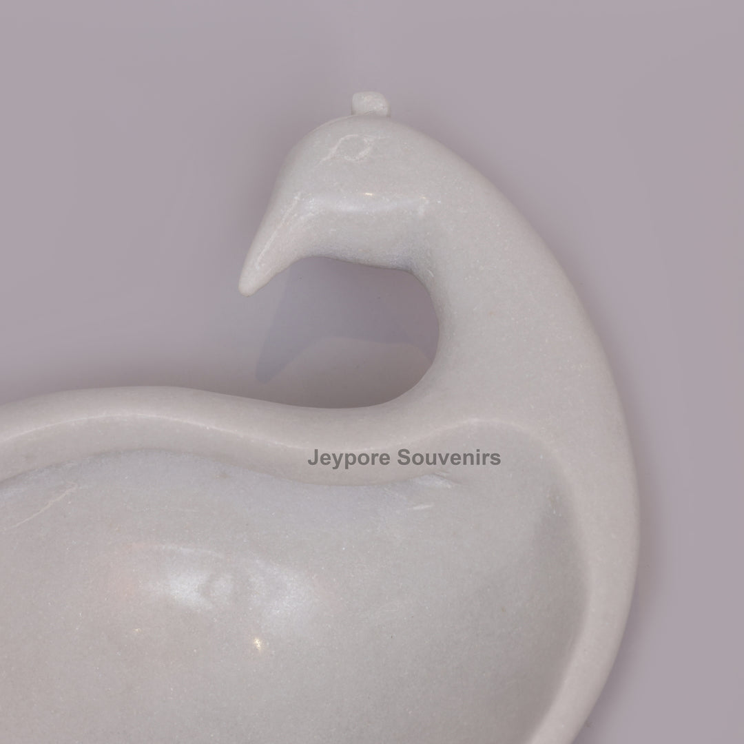 Handcrafted White Marble Peacock Decorative Bowl with Textured Tail