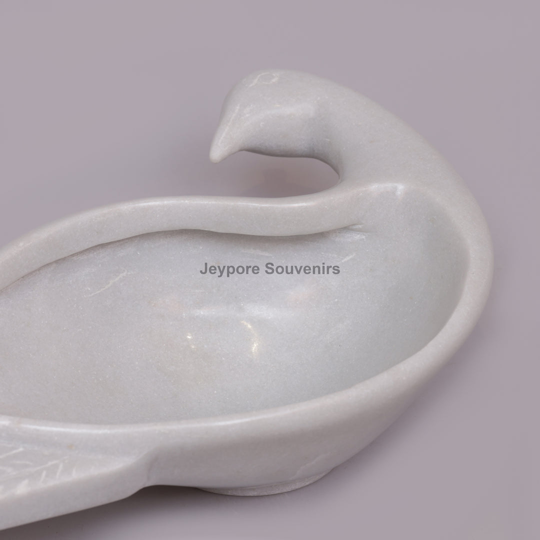 Handcrafted White Marble Peacock Decorative Bowl with Textured Tail