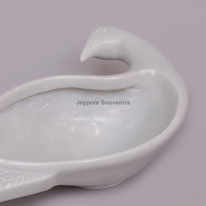 Handcrafted White Marble Peacock Decorative Bowl with Textured Tail