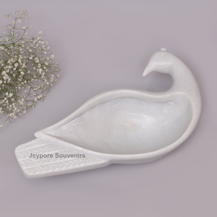 Handcrafted White Marble Peacock Decorative Bowl with Textured Tail