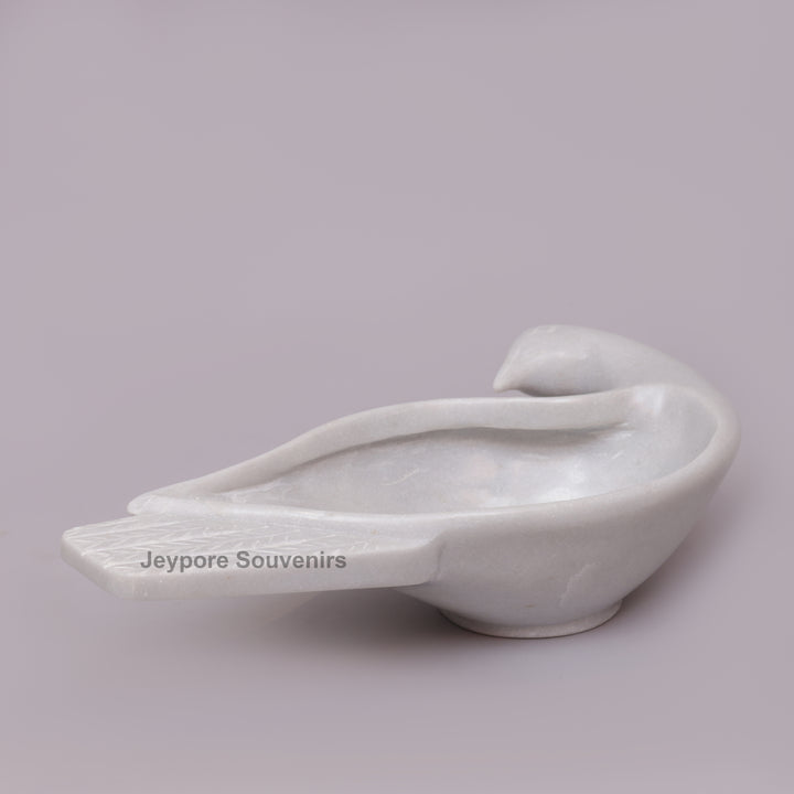 Handcrafted White Marble Peacock Decorative Bowl with Textured Tail