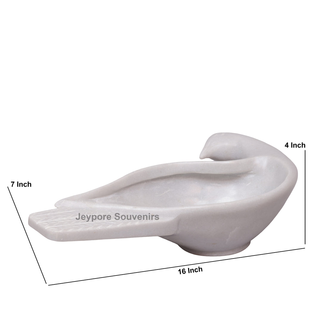 Handcrafted White Marble Peacock Decorative Bowl with Textured Tail