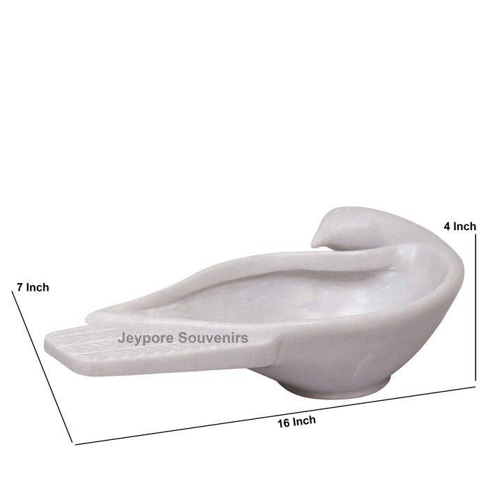 Handcrafted White Marble Peacock Decorative Bowl with Textured Tail