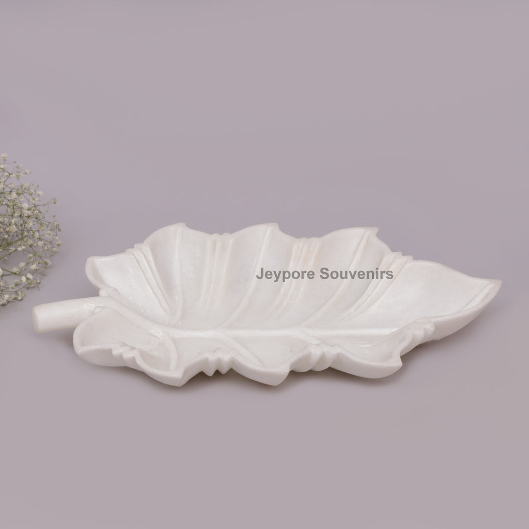 Hand-Carved White Marble Leaf-Shaped Tray Bowl