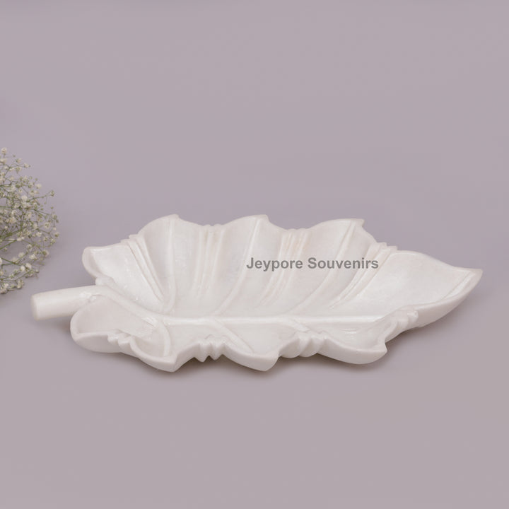 Hand-Carved White Marble Leaf-Shaped Tray Bowl