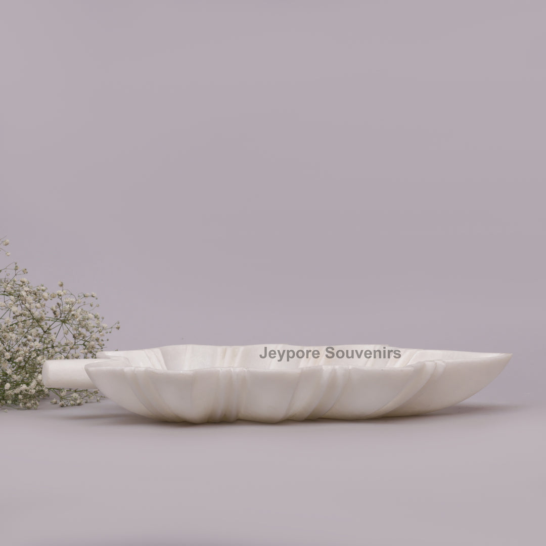 Hand-Carved White Marble Leaf-Shaped Tray Bowl