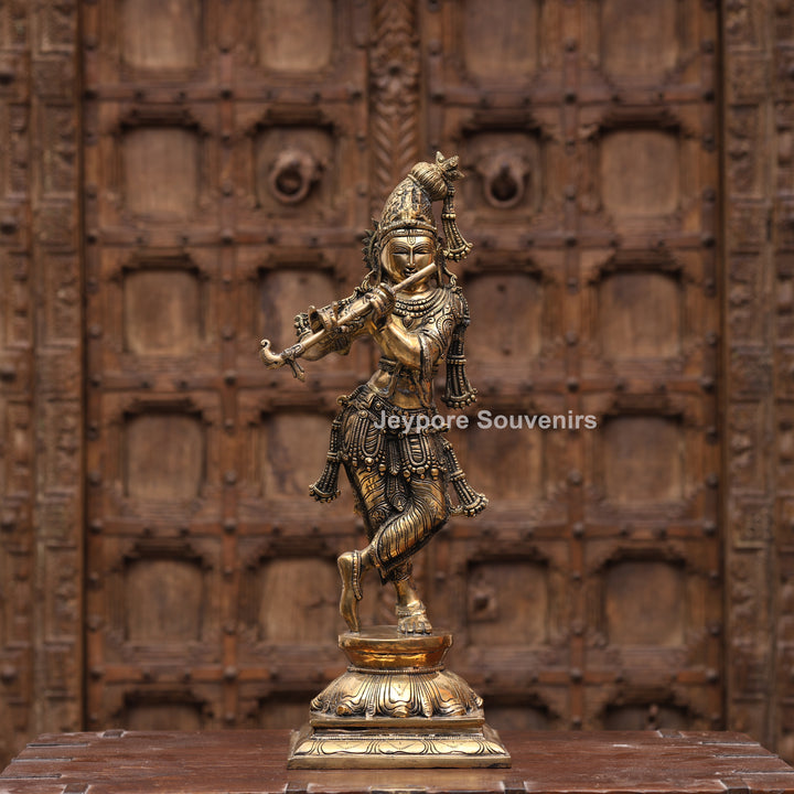 23" Handcrafted Brass Lord Krishna Playing Flute Statue