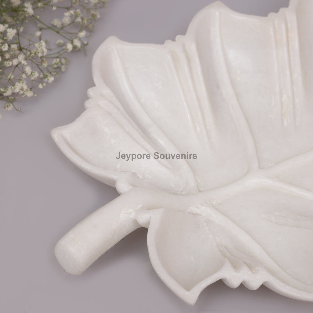 Hand-Carved White Marble Leaf-Shaped Tray Bowl