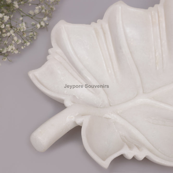 Hand-Carved White Marble Leaf-Shaped Tray Bowl