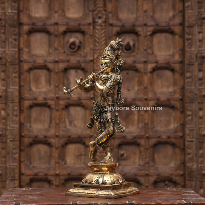 23" Handcrafted Brass Lord Krishna Playing Flute Statue