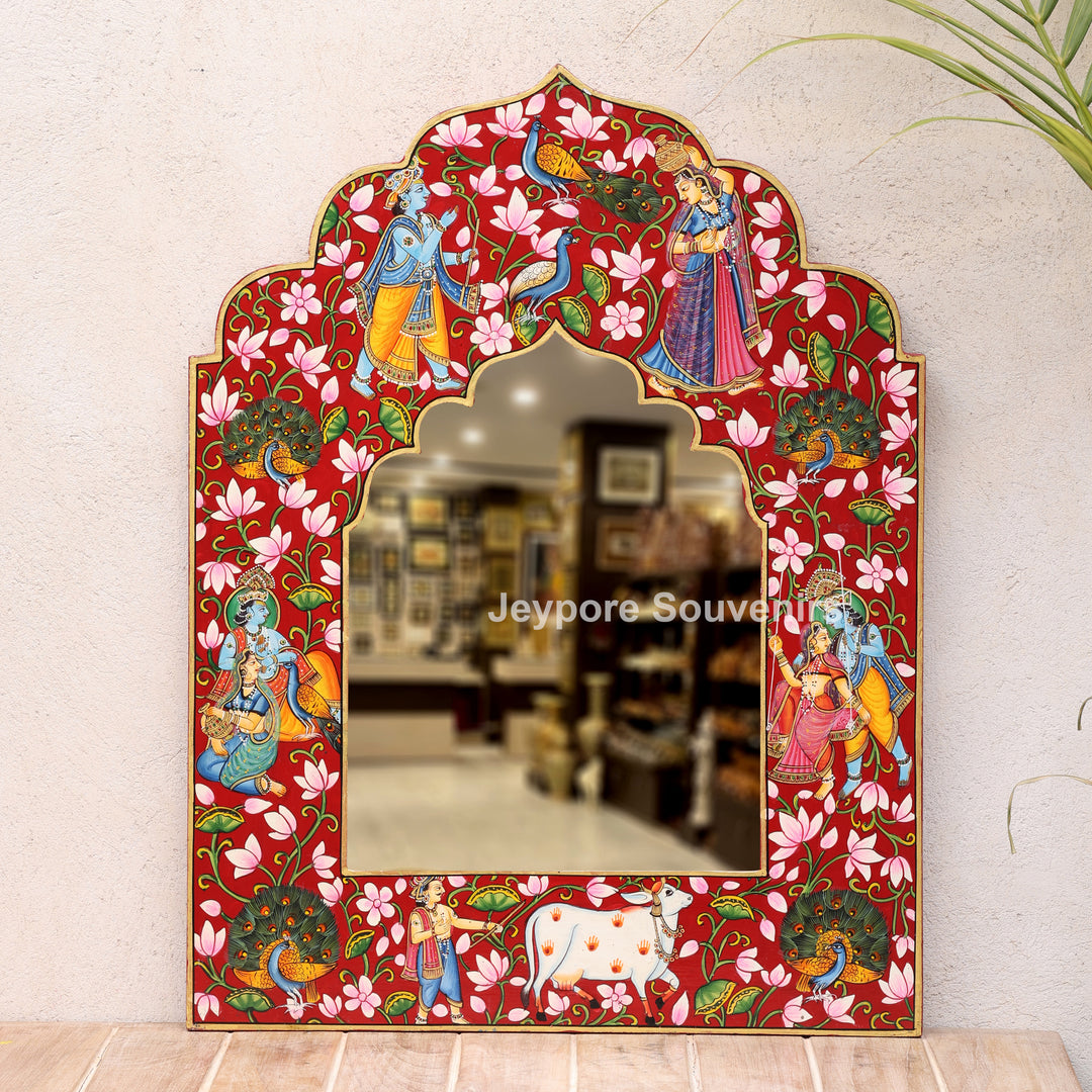 Radha Krishna Floral Wooden Jharokha Wall Mirror with Peacock &amp; Cow Motifs