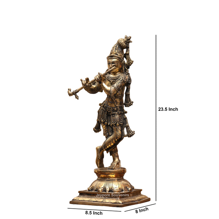 23" Handcrafted Brass Lord Krishna Playing Flute Statue