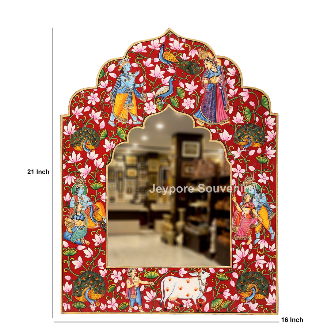 Radha Krishna Floral Wooden Jharokha Wall Mirror with Peacock &amp; Cow Motifs