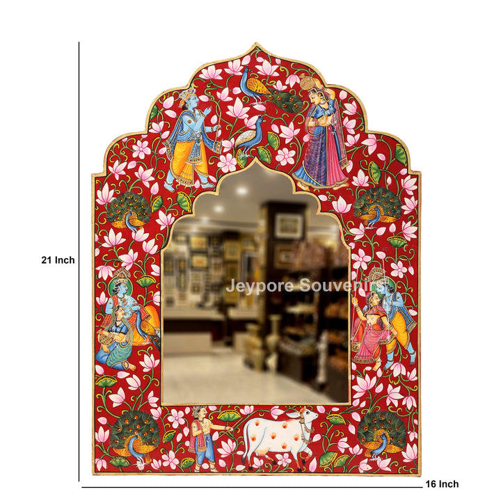 Radha Krishna Floral Wooden Jharokha Wall Mirror with Peacock &amp; Cow Motifs