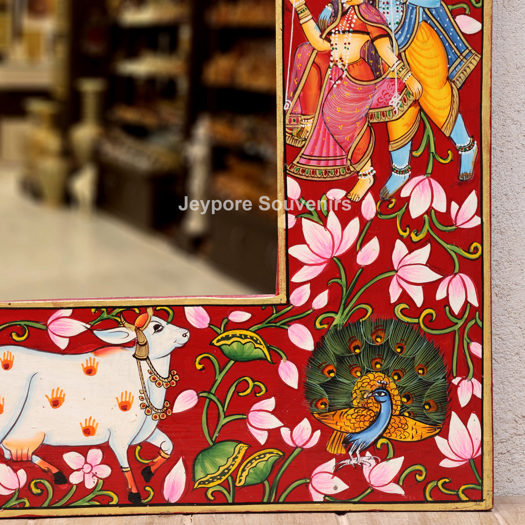 Radha Krishna Floral Wooden Jharokha Wall Mirror with Peacock &amp; Cow Motifs