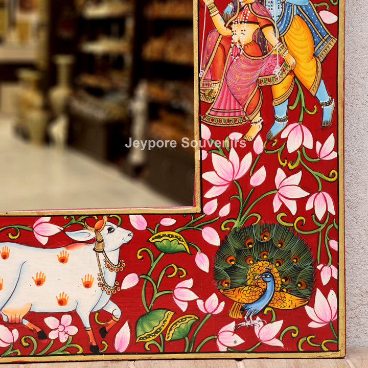 Radha Krishna Floral Wooden Jharokha Wall Mirror with Peacock &amp; Cow Motifs