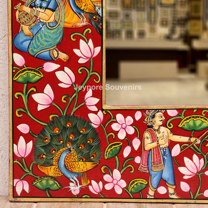 Radha Krishna Floral Wooden Jharokha Wall Mirror with Peacock &amp; Cow Motifs