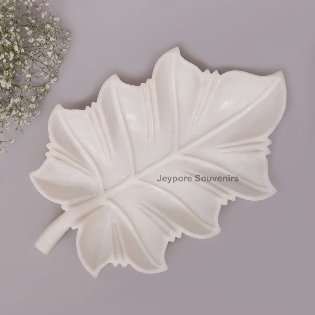 Hand-Carved White Marble Leaf-Shaped Tray Bowl