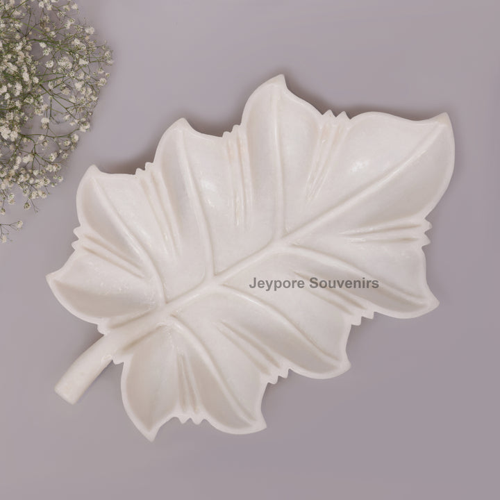 Hand-Carved White Marble Leaf-Shaped Tray Bowl
