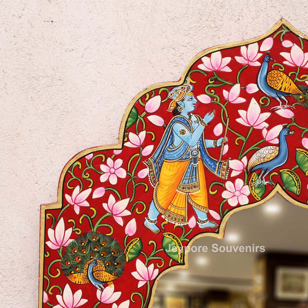 Radha Krishna Floral Wooden Jharokha Wall Mirror with Peacock &amp; Cow Motifs