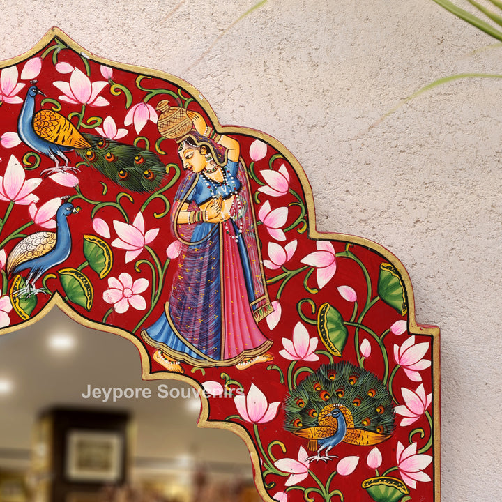 Radha Krishna Floral Wooden Jharokha Wall Mirror with Peacock &amp; Cow Motifs