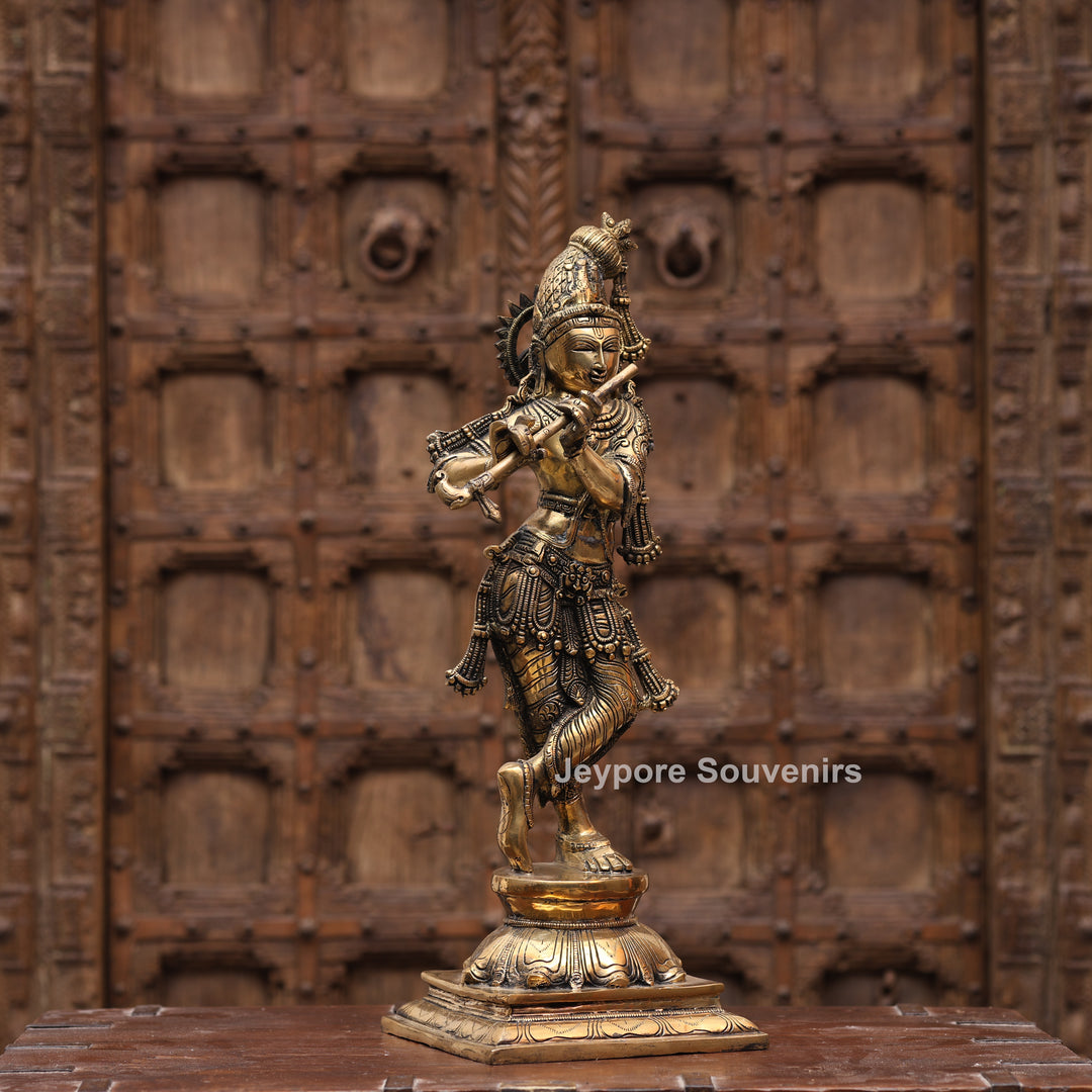 23" Handcrafted Brass Lord Krishna Playing Flute Statue