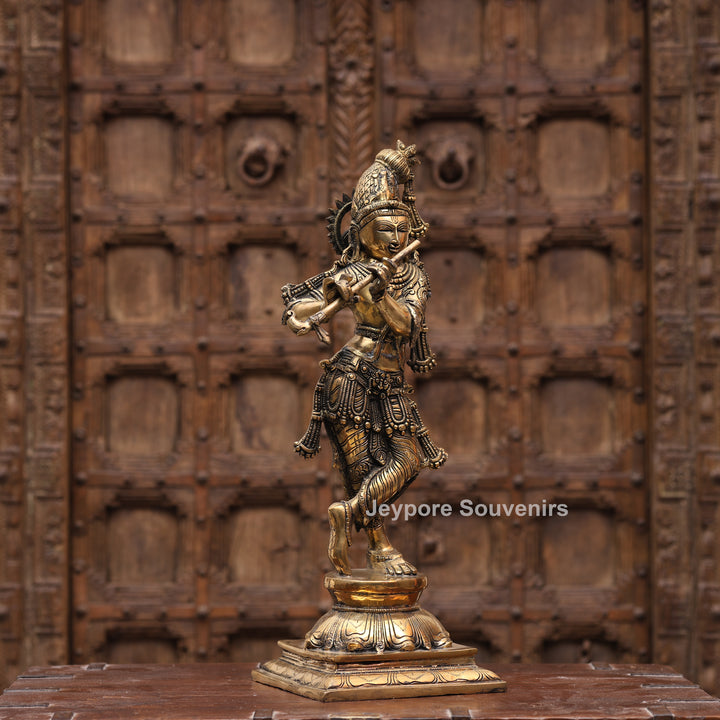 23" Handcrafted Brass Lord Krishna Playing Flute Statue