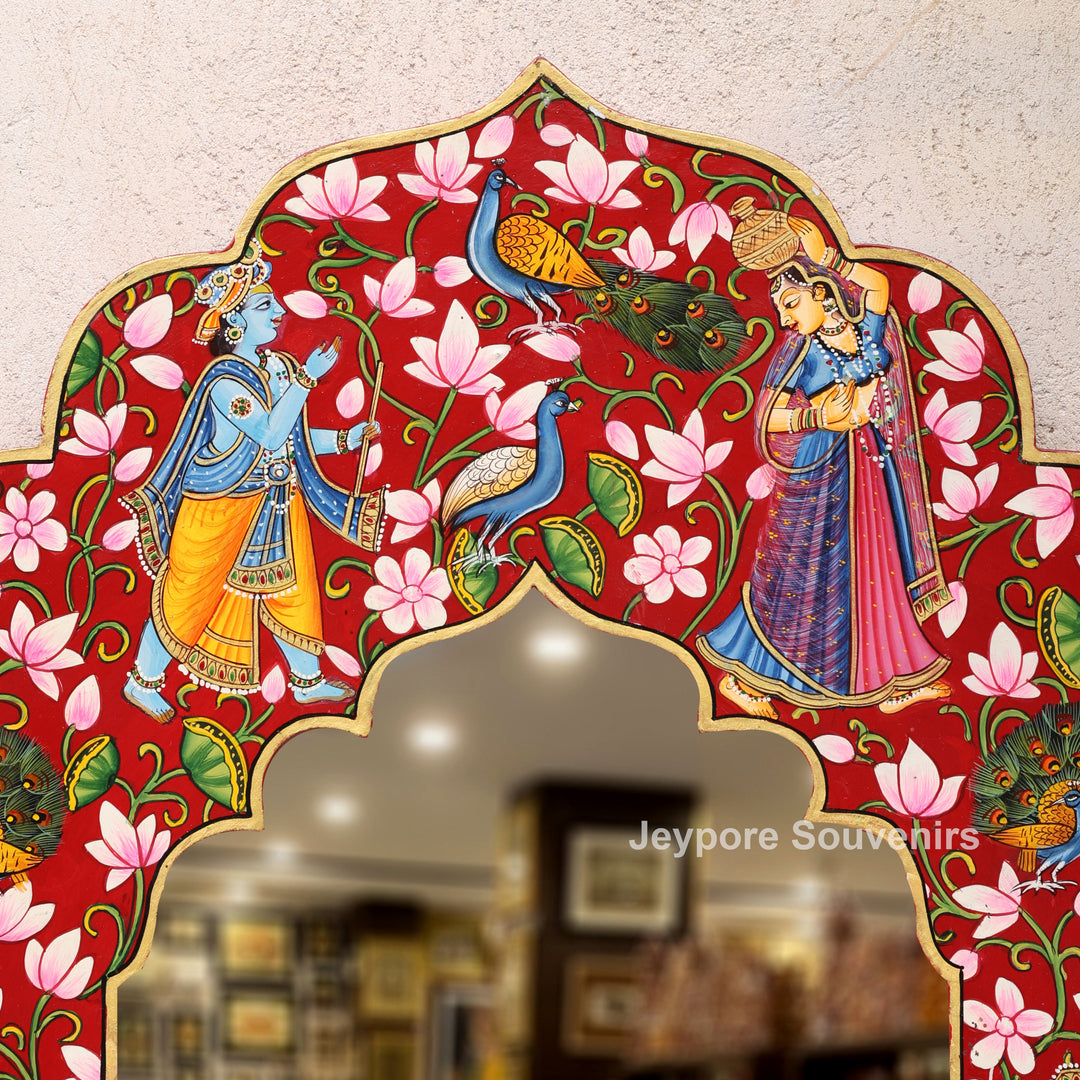 Radha Krishna Floral Wooden Jharokha Wall Mirror with Peacock &amp; Cow Motifs
