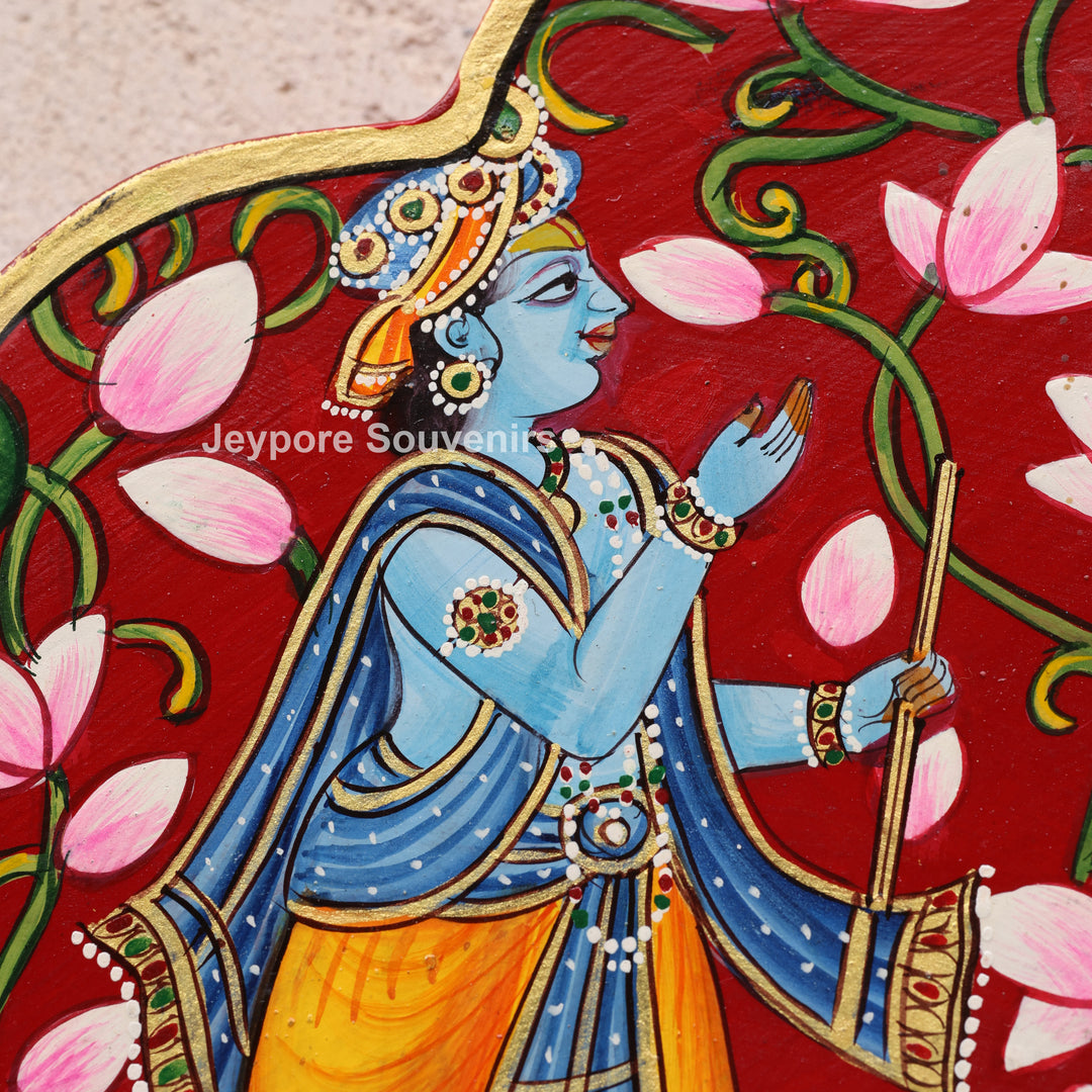 Radha Krishna Floral Wooden Jharokha Wall Mirror with Peacock &amp; Cow Motifs