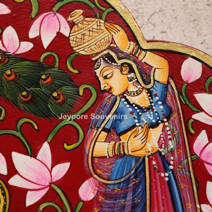 Radha Krishna Floral Wooden Jharokha Wall Mirror with Peacock &amp; Cow Motifs