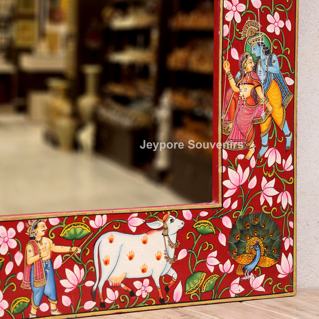 Radha Krishna Floral Wooden Jharokha Wall Mirror with Peacock &amp; Cow Motifs