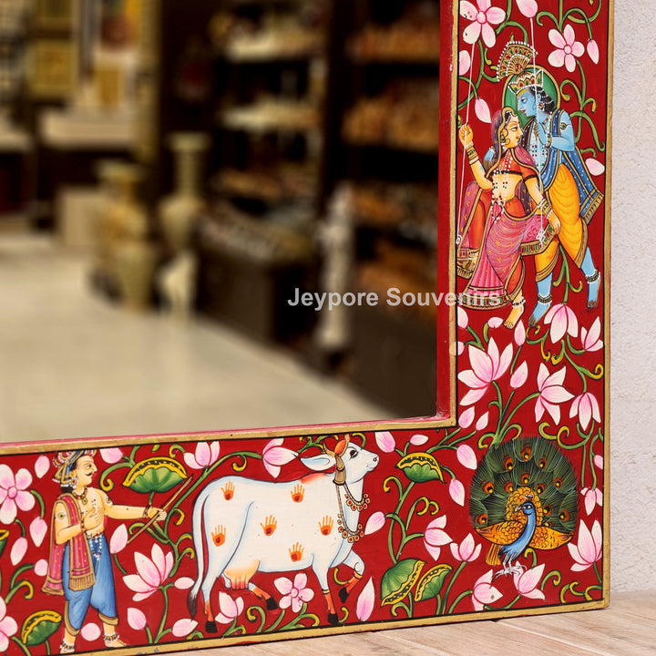 Radha Krishna Floral Wooden Jharokha Wall Mirror with Peacock &amp; Cow Motifs