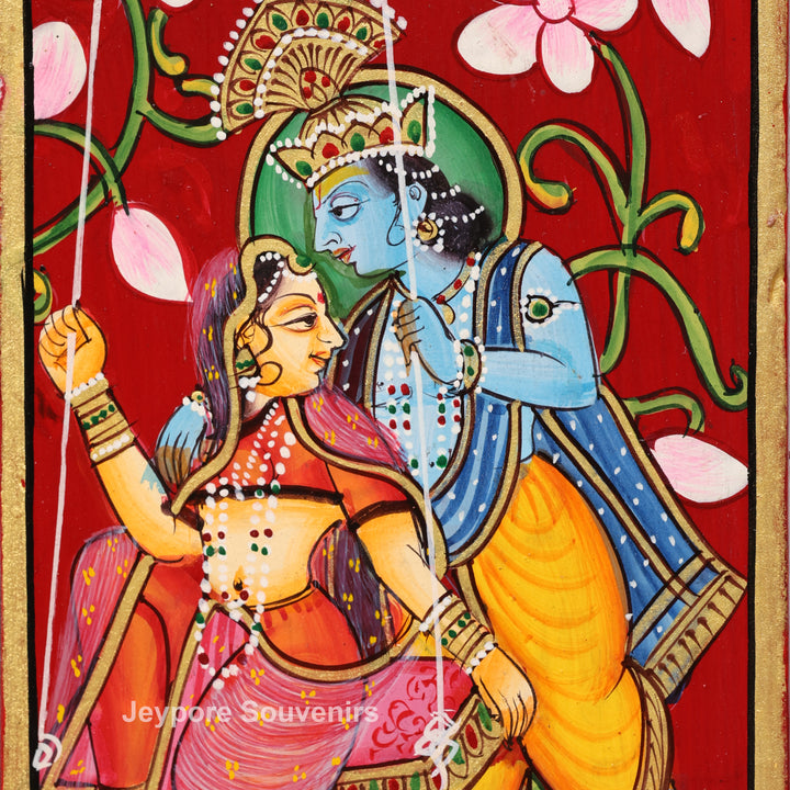 Radha Krishna Floral Wooden Jharokha Wall Mirror with Peacock &amp; Cow Motifs