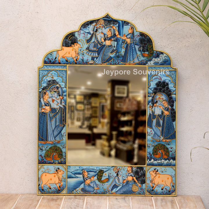 Blue Radha Krishna Wooden Jharokha Wall Mirror with Cow &amp; Peacock Motifs