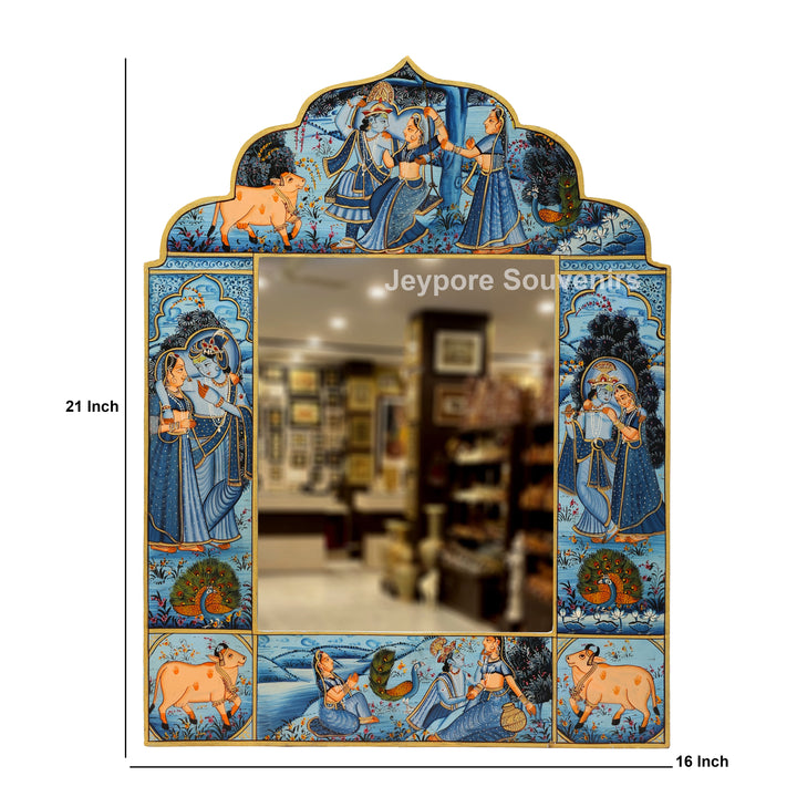 Blue Radha Krishna Wooden Jharokha Wall Mirror with Cow &amp; Peacock Motifs