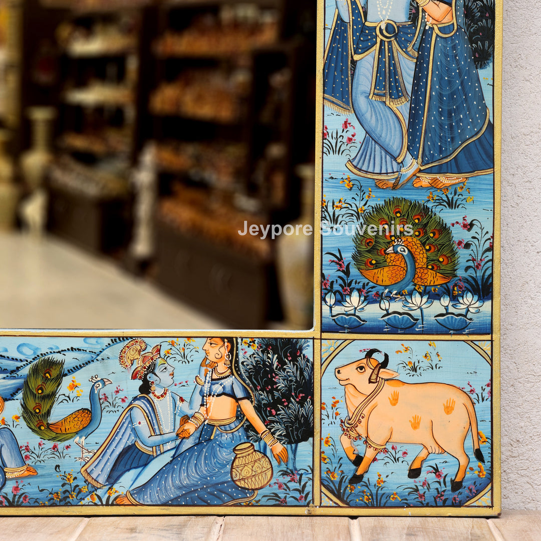 Blue Radha Krishna Wooden Jharokha Wall Mirror with Cow &amp; Peacock Motifs